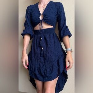 Gianni Bini Navy Eyelet Lace Giselle Tie Front High Low Midi Dress XS